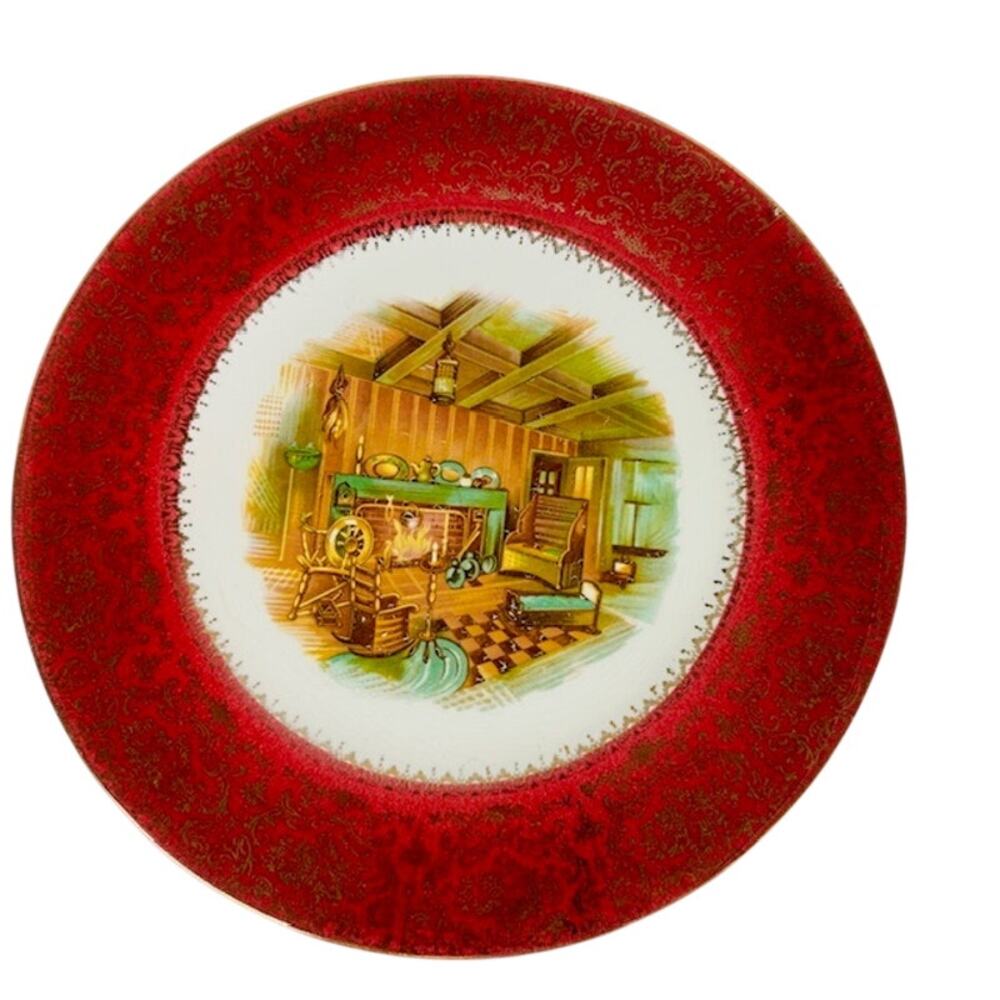 Imperial Salem China Homestead Service Plate Red Rim 23K Gold Details Hearth VTG